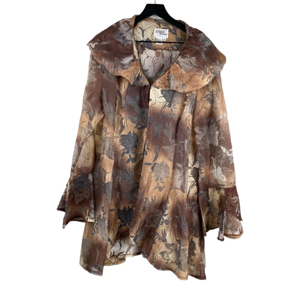 Sundays By Nubiano Jacket Topper Brown Sz 16 Open Front Floral Burnout Eclectic
